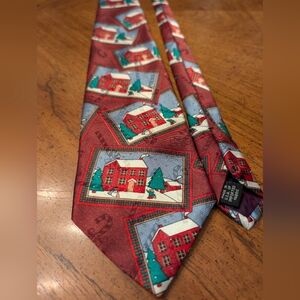 Vtg Hallmark Yule Tie Greetings Christmas Winter Village Scene Necktie Retro